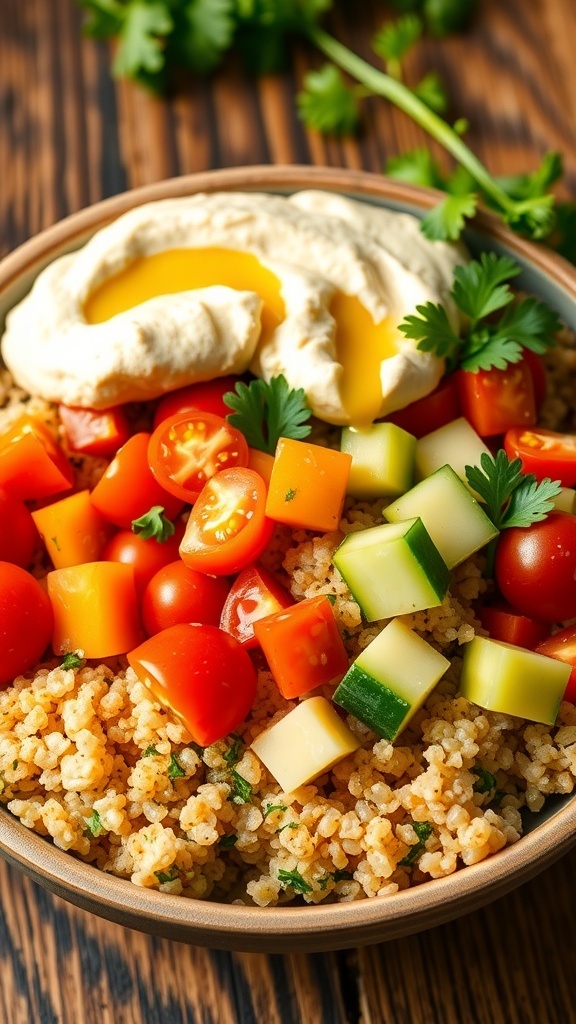 Mediterranean Quinoa Bowl with Hummus A healthy Mediterranean quinoa bowl with vegetables and hummus, garnished with parsley.